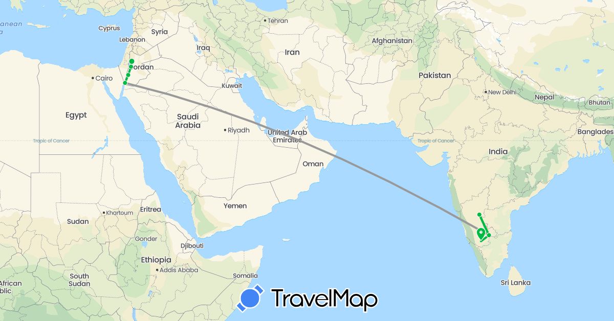 TravelMap itinerary: driving, bus, plane in India, Jordan (Asia)